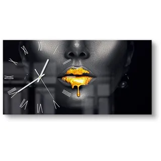 DEQORI Wanduhr 'Goldbedeckte Lippen' (Glas Glasuhr modern Wand Uhr Design Küchenuhr) goldfarben|schwarz 60 cm x 30 cm