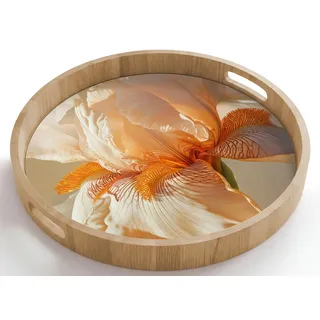 OnlyWow Tablett Rund mit Henkel Nahaufnahme - Orange - Iris, Eichenholz, (1-tlg), Servierbrett Groß, Tischdeko, Platte, Tisch Deko 50 cm x 50 cm x 5 cm