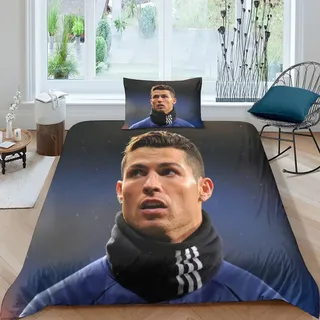 WADRI 3D-Cristiano-Ronaldo-Bettbezug-Set Weiches 2-Teiliges Bettwäsche-Set Fußballer-Druckmuster Bettdeckenbezug-Set Mit Kissenbezug Bettbezug Mit Reißverschluss 135X200CM