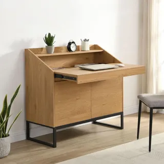 WOHNLING Sekretär MDF 100cm Eiche Nachbildung Metall Beine Rechteckig Kompakt Schreibtisch Ausziehbar mit Stauraum Schreibtisch Bürotisch Schrank - Braun