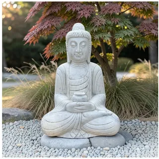 Asien LifeStyle Buddhafigur Marmor Buddha Garten Skulptur meditierend – Weiße Statue 61cm weiß
