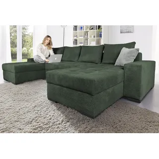 Wohnlandschaft COLLECTION AB "XL-Josy U-Form, Breite 313 cm, Cord-/Mix", grün (dunkelgrün), B:313cm H:84cm T:161cm, 100% Polyester, Sofas, inkl. Bettfunktion, Bettkasten, mit 4 gleich großen Rückenkissen, Topseller
