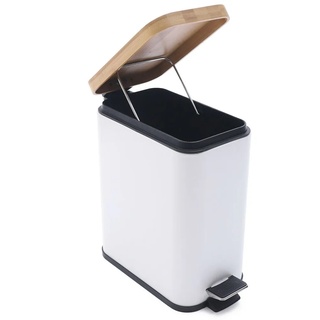 5L Mülleimer mit Fußschalter+Deckel Metall Bambus Treteimer Küche Badzimmer Abfallbehälter Abfalleimer modern (Weiß)