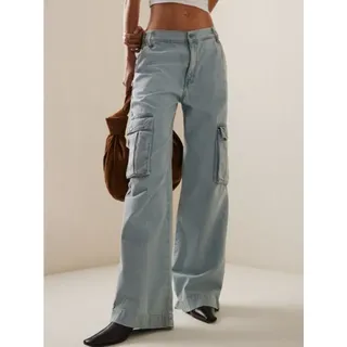 ZWY Gerade Jeans Straight-Jeans Damen Hoher Taille Jeanshosen, Workerjeans (1-tlg) Wide Leg Schlaghose Baggy Cargo Pants, Blau (1-tlg) L