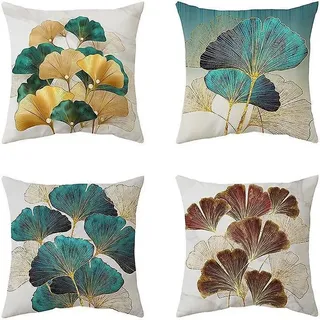 Dekorative Kissenbezüge Mit Ginkgoblatt-print, 45 X 45 Cm, Leinen, Dschungel-goldgelb, Naturfarben