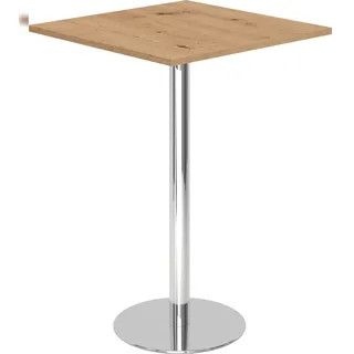 bümö Stehtisch Büro, Bistrotisch eckig 80 x 80 cm - Bartisch Asteiche, Stehtisch Holz-Platte, Säule aus Metall verchromt, Buffettisch, Säulentisch,