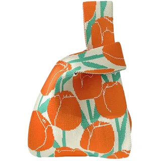 Anopo Damen Geknotete Gewebte Tasche Klein Gehäkelt Handtaschen Niedlich Ästhetisch Blume Portemonnaie Handgelenk Tasche Gestrickt Mode Tragetasche Tulpen Orange