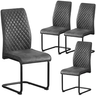 B&D home® Esszimmerstühle Theo 4er-Set – gepolsterte Freischwinger mit Rautensteppung, Wildlederoptik Anthrazit, ergonomische Sitzfläche, schwarzes Metallgestell, Industrial Design