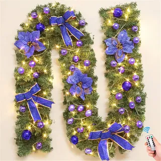 Treer Weihnachtsgirlande mit Beleuchtung, Tannengirlande Batterie Remote 8 Modus Lichterkette Weihnachten Dekoration für Innen und Außen Verwendbar (Warmweiß,Lila)