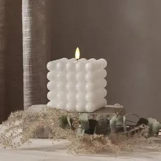 LED Kerze Bubble Würfel Cube Kerze Echtwachs 3D Flamme H: 12,5cm Timer weiß