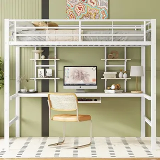 XDOVET Hausbett mit Schreibtisch und zwei Bücherregalen 140 x 200 cm MDF weiß