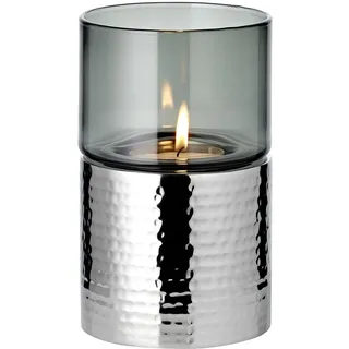 EDZARD Windlicht Cosmo, Dunkles Glas, Edelstahl gehämmert, hochglanzpoliert, perfekt für Maxi-Teelicht (Höhe 18 cm)