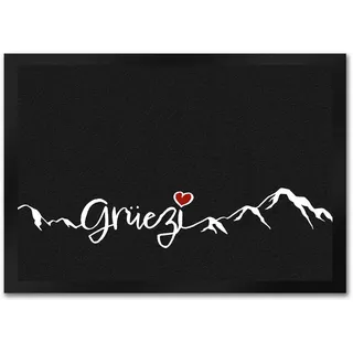 speecheese Fußmatte in 35x50 cm mit Grüezi-Schriftzug Herz und Bergen Schweiz Fußmatte in 35x50 cm in grau, weiß und rot Geschenkidee Gebirge Hochgebirge mit Herz