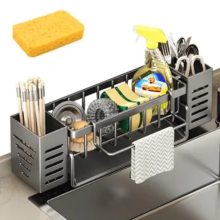 VAIGU:OA Spülbecken Organizer - Spüle organizer mit Spültuchhalter und Aufbewahrungsbox, Sink&Spüle Organizer Schmal mit Automatisch Abflusspfanne, Kostenloser Schwammlappen Küchen-Upgrade (Grau