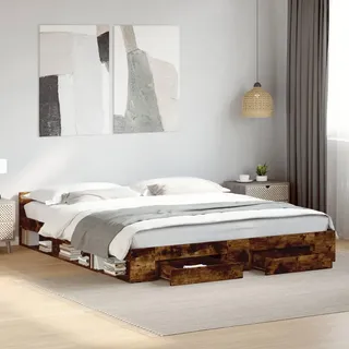 Hoodmeel Bett 200x200 mit Schubladen und lattenrost Holzbett mit Stauraum Bettgestell mit Kopfteil Doppelbettgestell Jugendbett-Räuchereiche-200 x 200 cm