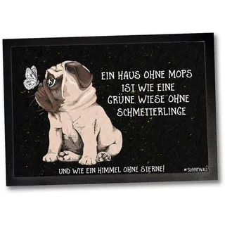 Fußmatte Türmatte Mops Haus Fußabtreter Eingang Haustür rutschfest waschbar | Rutschhemmende Türmatte mit Mops Haus Motiv für Haustür Flur Wohnung Balkon Terrasse geschützten Eingang für 60 x 40 cm