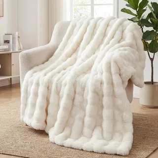 Kuscheldecke Kaninchen Plüsch Decke Super Soft Wohndecke Dick 1000 G/M2 Flanell Decke Couchdecke Warme Überwurfdecke Sofadecke Vielseitig Blanket Für Bett Sofa Schlafzimmer Büro Weiß 100 x 160cm