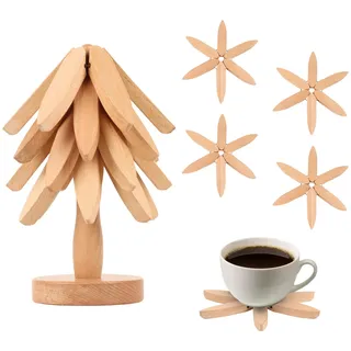 Untersetzer-Set in Baumform, 5 Stück Untersetzer aus Holz für Warme Gerichte Anti-Verbrühungsmatte Wooden Tree Coaster mit Ständer Faltbare Topfuntersetzer für Küchenarbeitsplatten, Teekannen