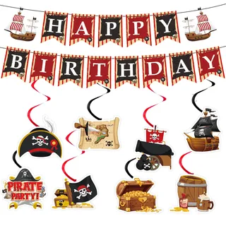 Piraten Deko Kindergeburtstag Banner Set - 10 Stück Birthday Dekoration | Piraten Banner HäNgende Wirbel Deko KapitäN Hut SchäDel Papagei SchäTze für Junge MäDchen Geburtstag Halloween