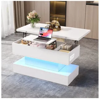 Odikalo Couchtisch Beistelltisch höhenverstellbar Sofatisch mit Steckdose LED Stauraum (100*50*51.5cm Couchtisch mit Steckdose USB-C&USB-Ladebuchse multifunktionaler Wohnzimmertisch mit LED anhebbarer Kaffeetish höhenverstellbar Sofatisch Beistelltisch und Esstisch mit Stauraum) weiß