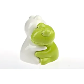 by-Bers Frosch Umarmung, auch als Kuh, Maus, Tiere, Elefant Salzstreuer, Salz- und Pfefferstreuer Set als Geschenk, aus Keramik (S+P_Frosch_hellgruen-weiss)