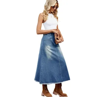 KoJooin Rock Damen-Jeansrock Maxi A-Linie Hochtailliert Offener Saum Lässiger Jeansrock blau 42