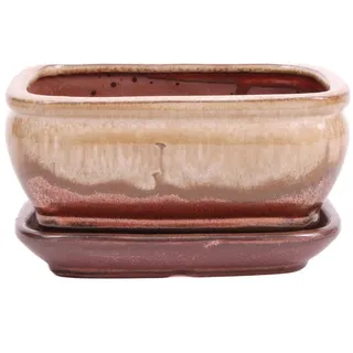 Bonsai - Schale eckig 16.5 x 13 x 7.7 cm , kupfer / beige , mit Untersetzer 2318