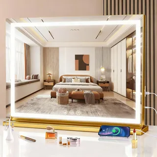 halumao Schminkspiegel mit Beleuchtung, 80 x 60 cm Hollywood schminktisch Spiegel mit Beleuchtung, 3 Modi Dimmbar Tischspiegel mit Touch-Schalter USB-Ladeanschluss Gold