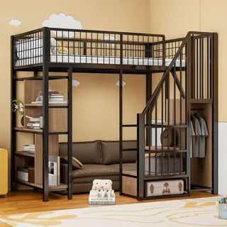 Flieks Etagenbett 90x200cm mit Bücherregal, Hochbett Metallbett mit Treppe und Kleiderstange, Kinderbett mit Rausfallschutz und Lattenrost, Schwarz - Schwarz