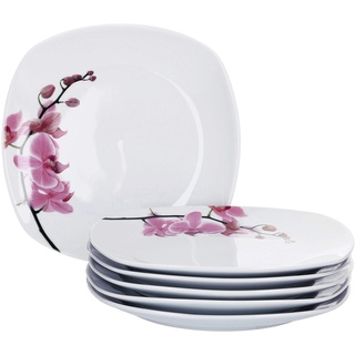 Van Well Kyoto 6er Dessert-Teller-Set eckig I Robustes Porzellan-Geschirr mit Orchidee-Dekor I Moderne Kuchenteller mit Blumen-Muster I mikrowellen- & spülmaschinengeeignet I Teller klein 6 Stück