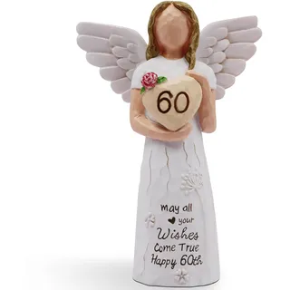 AcowSpt Geschenk zum 60. Geburtstag für Frauen: 'May All Your Wishes Come True Happy 60th' - Handbemalte Engel-Figur in Creme mit Blumendekor - 14.96 x 12.2 x 5 cm