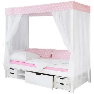 TICAA Himmelbett Lino 90 x 200 cm Kiefer weiß inkl. Funktionsschubkasten stern-rosa
