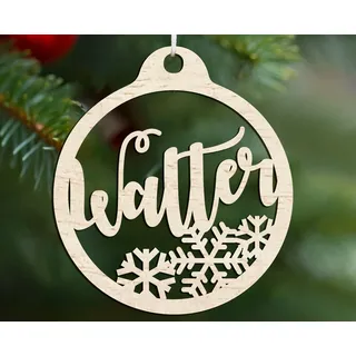 Personalisierte Weihnachtskugel, Holz-Christbaumschmuck in Form Einer Kugel, beliebiger Name oder Schriftzug, 9 x 10 cm, Schneeflockenmuster