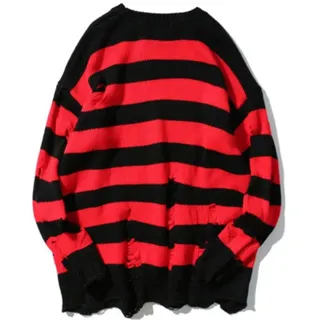 LJLLINGA Schwarz Rot Gestreifte Pullover Gewaschen Zerstört Zerrissener Pullover Männer Loch Strickpullover Männer Frauen Übergroßer Pullover Harajuku