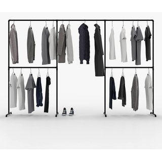 pamo freistehende Kleiderstange im Industrial Loft Design - LAS III - Garderobe für begehbaren Kleiderschrank Wand I Schlafzimmer Kleiderständer aus schwarzen stabilen Rohren - freistehend