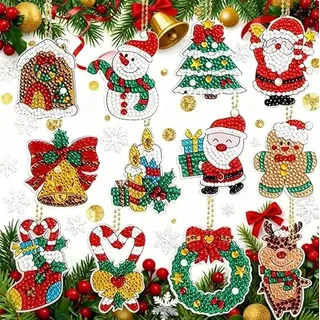 12Stk Diamond Painting Weihnachten Anhänger,5D DIY Diamant Malerei Schlüsselanhänger Weihnachten Strass Malerei Stickerei Kunst Ornamente für Kinder Erwachsene Machen Wei hnachten Schlüsselanhänger