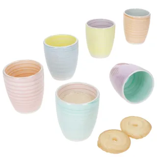 MamboCat 6er Set Pastello Mokkabecher | 150 ml | Kleine Becher ohne Henkel aus Steingut für 6 Personen mit Strudel-Dekor in Pastellfarben | für Espresso, Matcha etc.