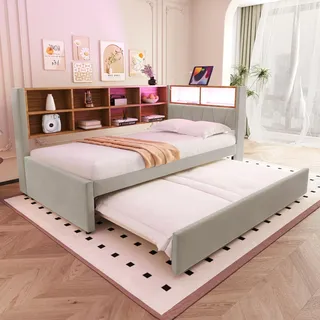 Merax Schlafsofa 90 x 200 cm, mit Ausziehbett 90 x 190 cm, Schlafcouch Ausziehbar mit LED Leuchten und Ablagefächern, Flanell, Hellgrau (Ohne Matratze)