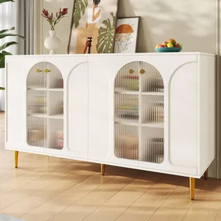 Merax Buffetschrank Sideboard Weiss, Küchenschrank mit LED Beleuchtung, Modern Kommode mit viel Stauraum, Glastür-Design, Holz küchenbuffet Wohnzimmerschrank, Standschrank, Metallbeinen, 140x40x85cm