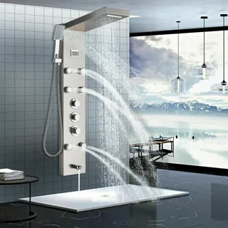 Edelstahl Duschpaneel mit Thermostat Regendusche Duschsäule Massage Duscharmatur - Silber