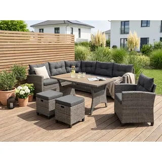 KONIFERA Gartenlounge-Set Keros Premium, (Set, 20-tlg., 2x 2er Sofa, 1x Ecke, 1x Sessel, 2x Hocker, 1x Tisch 145x75x67,5cm), Ecklounge, Polyrattan, Stahl, geeignet für 8 Personen, inkl. Auflagen braun|grau