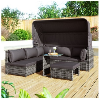 Ulife Gartenlounge-Set Rattan Sonneninsel Sitzgruppe,Outdoor Gartenmöbel, (5-tlg), Sofa mit Sonnendach, Hocker, Sesseln und Tisch grau