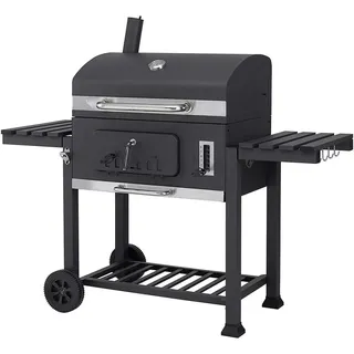 Holzkohlegrill - BBQ Offset-Smoker - Edelstahl - Mit Abdeckung - Seiten- & Bodenablage - Verstellbare Lüftung - Trolley mit Rädern - Flaschenöffner - Grau/Silber