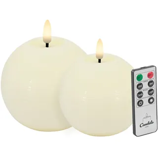 Candela Lights LED Kerzen 2er Set Kugelkerze creme rustic Echtwachs mit Fernbedienung Timer Funktion & mehrstufig dimmbar flammenlos Echtwachskerzen