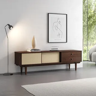 Lowboard SIMONA 175 cm mit Rattangeflecht aus Kiefer Massivholz, Nussbaum Finish – TV-Board im Mid-Century Design, Lowboard mit 2 Schubladen und Schiebetüren, Retro TV-Schrank für das Wohnzimmer