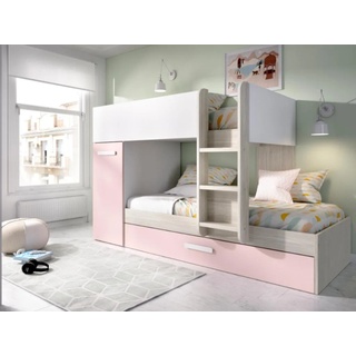 Etagenbett Ausziehbett ANTHONY mit Stauraum - 3 x 90 x 190 cm - Weiß, Eiche & Rosa