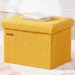HAUSFRAU Sitzhocker mit Stauraum kleine Sitzbank Teddy Hocker klappbar Gelb | Polsterhocker Aufbewahrungsbox Fußbank für Wohnzimmer Schlafzimmer Flur, bis 130 kg belastbar, 42x31x31cm, Teddystoff