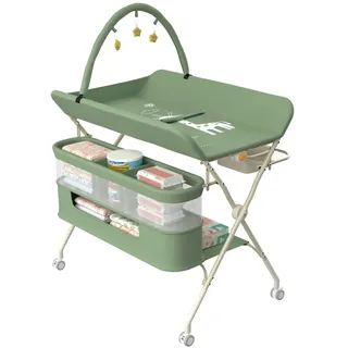 homewell 2 in 1 Baby Wickeltisch Spielzentrum, Höhenverstellbar, mobiler Wickelkombi klappbare mit Spielständer Sicherheitsgurt Aufbewahrungskorb Kleiderstange Wickelauflage (Grün)