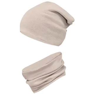 TupTam Beanie Kinder Beanie Mütze Schlauchschal Set aus Jersey und Rippstoff beige|braun 44-52