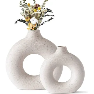 Vasen, Dekovase (2er Set), Keramik Vase, Moderne Dekovase, Milch Weiß Vasen matt, Pampasgras-Vase, Runde Handmade Getrocknete Blumenbehälter - Weiß